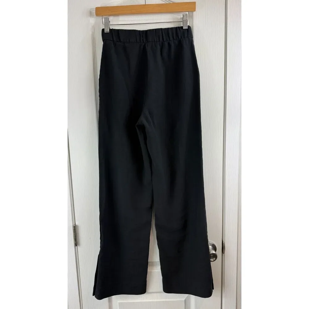 H&M Womens Size 4 Black Wide Leg Pants Linen Blend High Rise Trousers